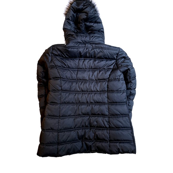 Nautica Womens Black Puffer Jacket Hooded Faux Fur Trim Water Resistant Size L - Picture 10 of 10
